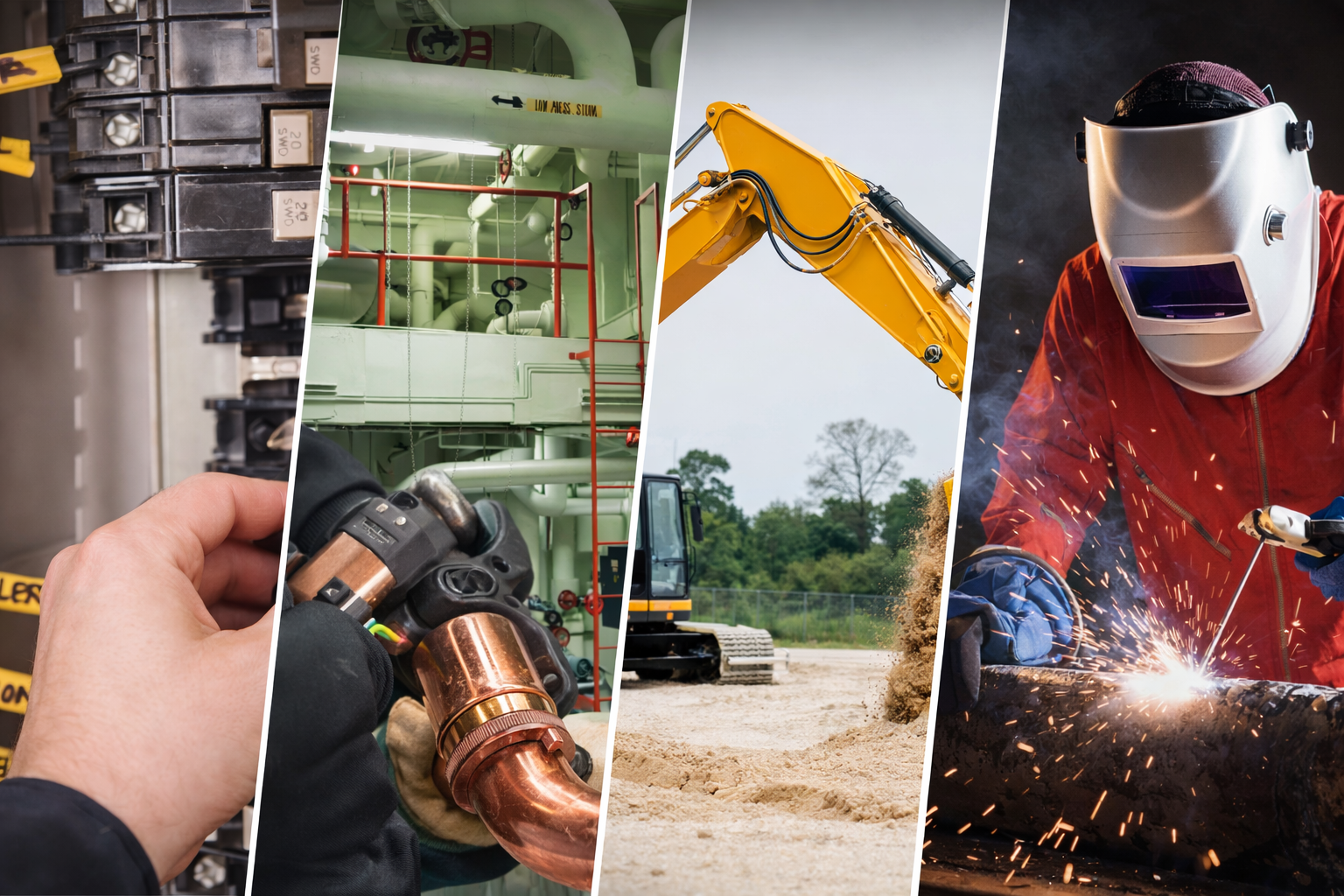 Collage of skilled trades in Wisconsin: electrical, piping/steam systems, heavy equipment, and welding