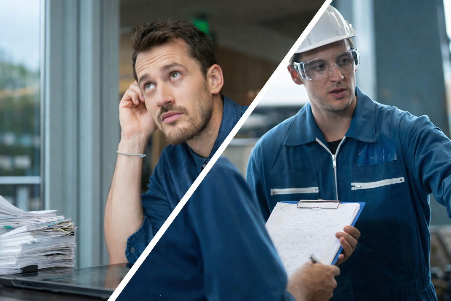 Diagonal split image comparing office paperwork fatigue versus hands-on skilled work in manufacturing