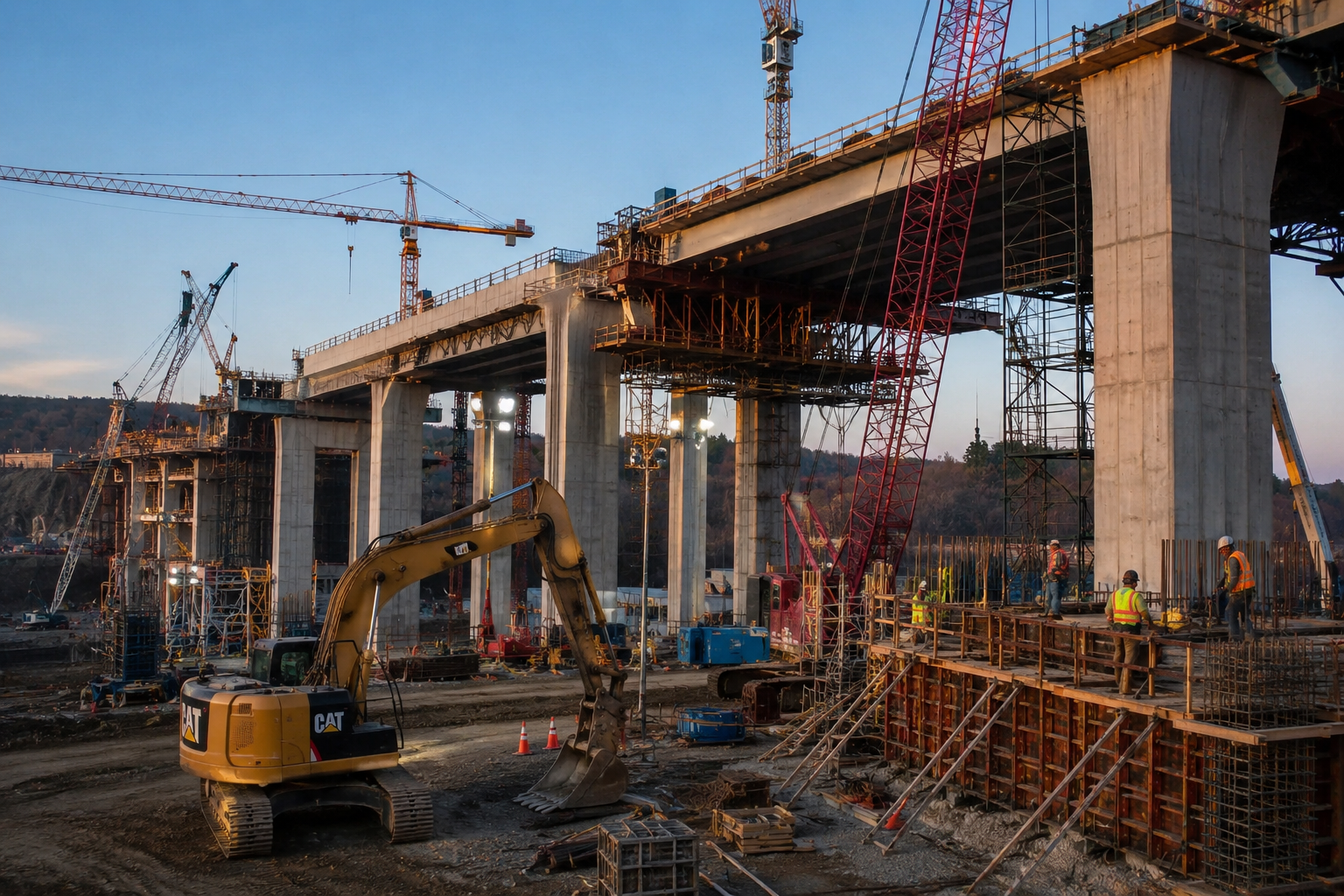 American construction workers building infrastructure at sunrise